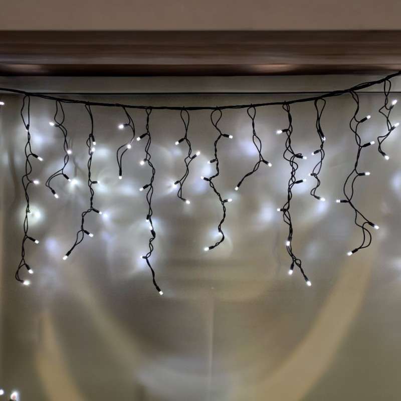 Rideau de 100 LED blanc froid IP44, extensible, câble noir 200x70