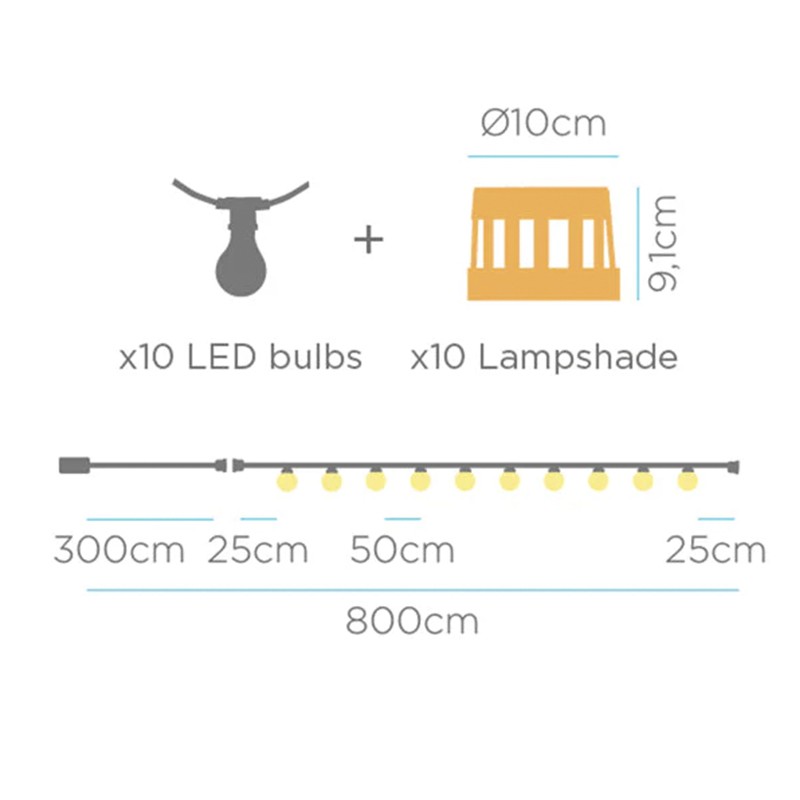 Guirlande 10 lumières LED IP44 charge solaire et batterie rechargeable 35 lumens 2700K