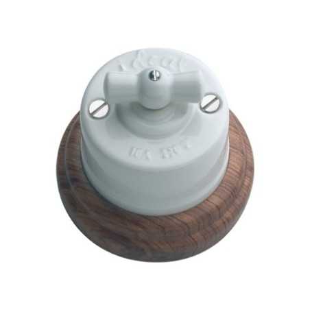 Commutateur en porcelaine avec base en bois foncé et noeud en porcelaine