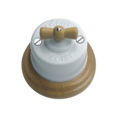 Interrupteur porcelaine base et bouton rotatif bois vernis
