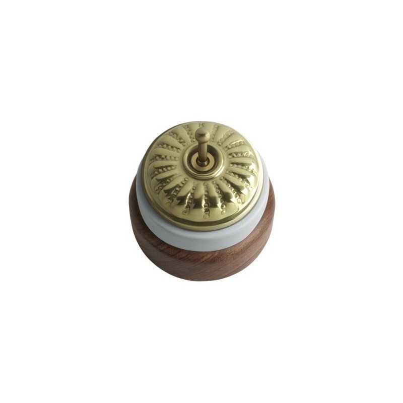 Commutateur en porcelaine, base en bois foncé, couvercle gravé en or.
