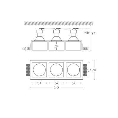 Spot triple en plâtre GU10 210mm x 52mm et hauteur 92mm
