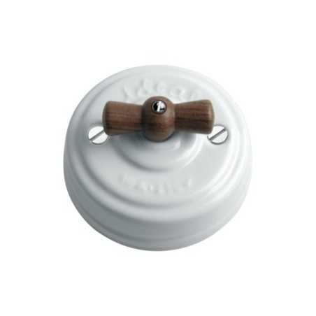 Interrupteur en porcelaine de surface modulaire, boucle en bois foncé.