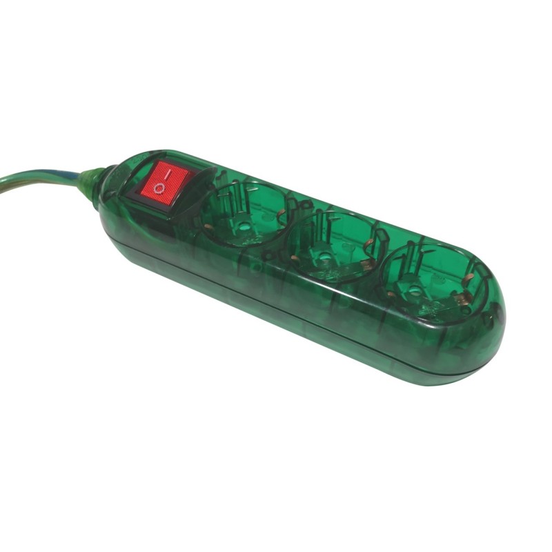 Bloc multiprise avec 3 prises électriques et un câble de couleur verte